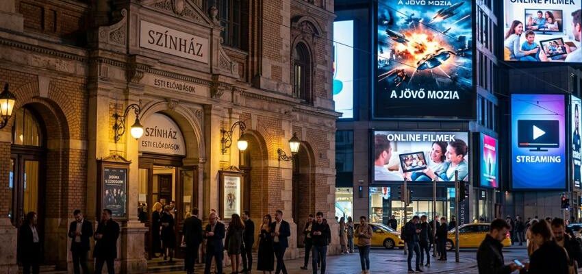 Esti utcakép, ahol egy klasszikus, díszes színházépület bejárata mellett modern épületeken hatalmas, világító digitális kijelzők hirdetik az online streaming és film szolgáltatásokat.